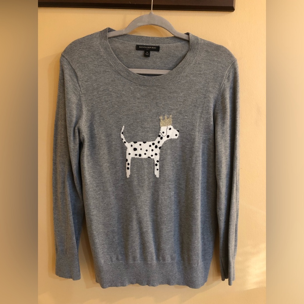 Banana Republic Knit Crewneck Sweater, Gray, Dalmatian Dog Print, Size Medium.
